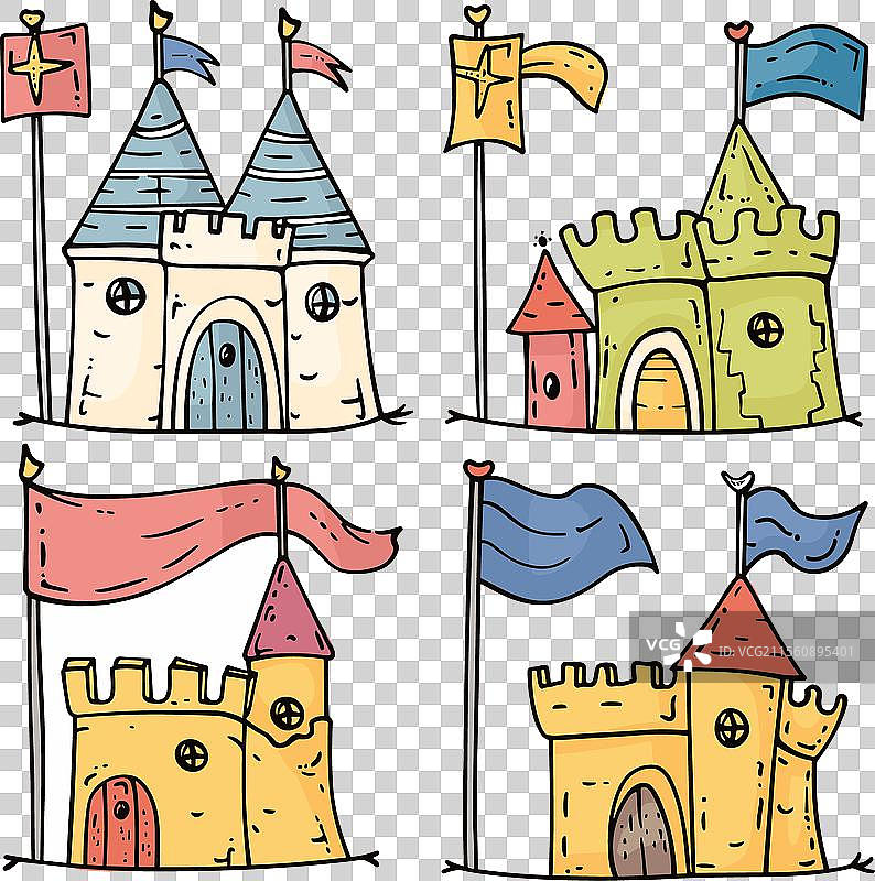 手绘可爱的多彩城堡，中世纪风格图片素材