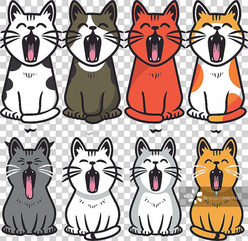 色彩斑斓的卡通猫咪大声叫唤，可爱的猫科动物图片素材
