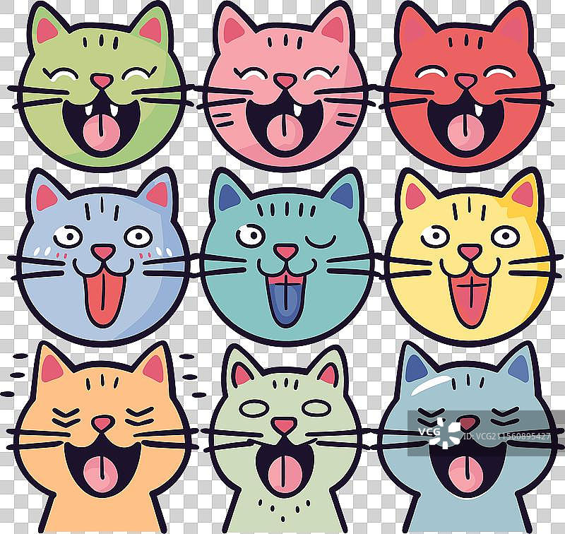 九只卡通猫以网格形式排列，每只猫都不同。图片素材