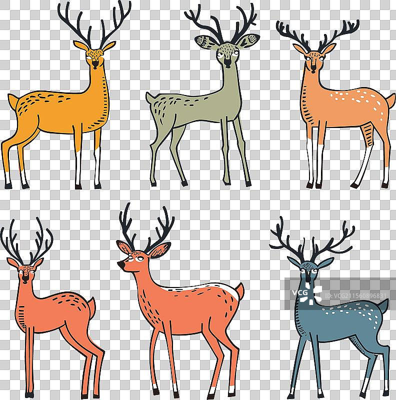 六只颜色各异的鹿，十分显眼图片素材