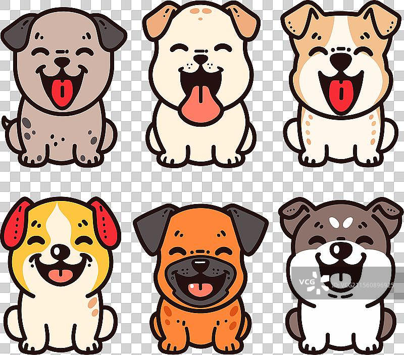 六只卡通狗开心地坐着，面带微笑，各种姿势。图片素材