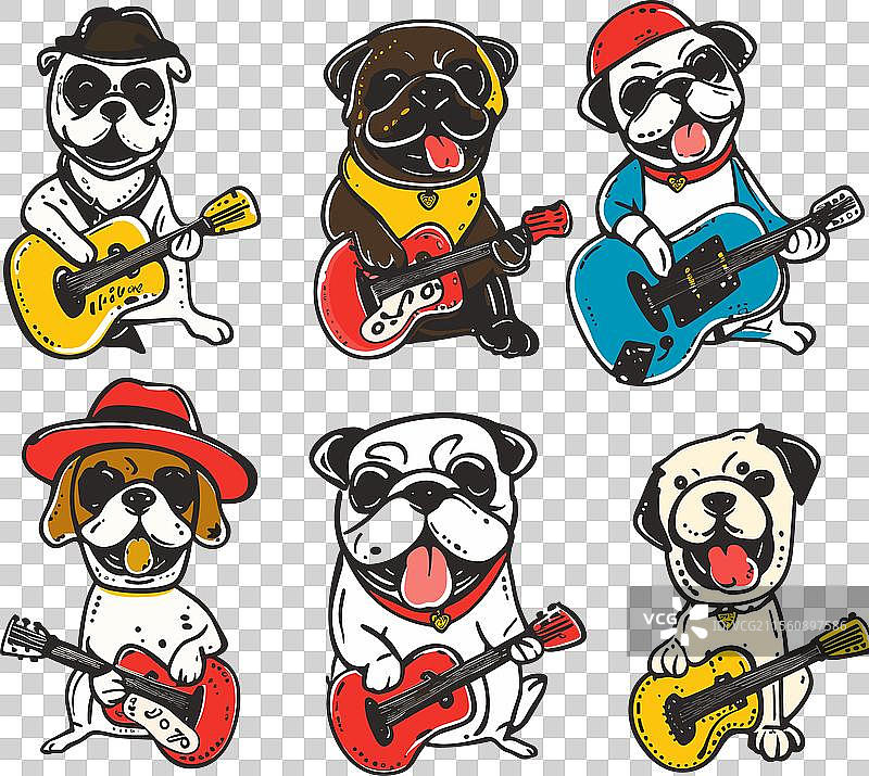 六只戴着帽子的卡通哈巴狗在弹吉他图片素材