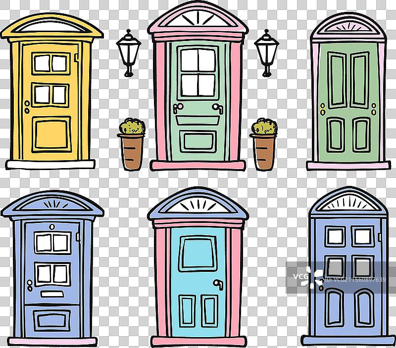 六扇色彩斑斓的门排成一行，展现街头风格，风格各异。图片素材