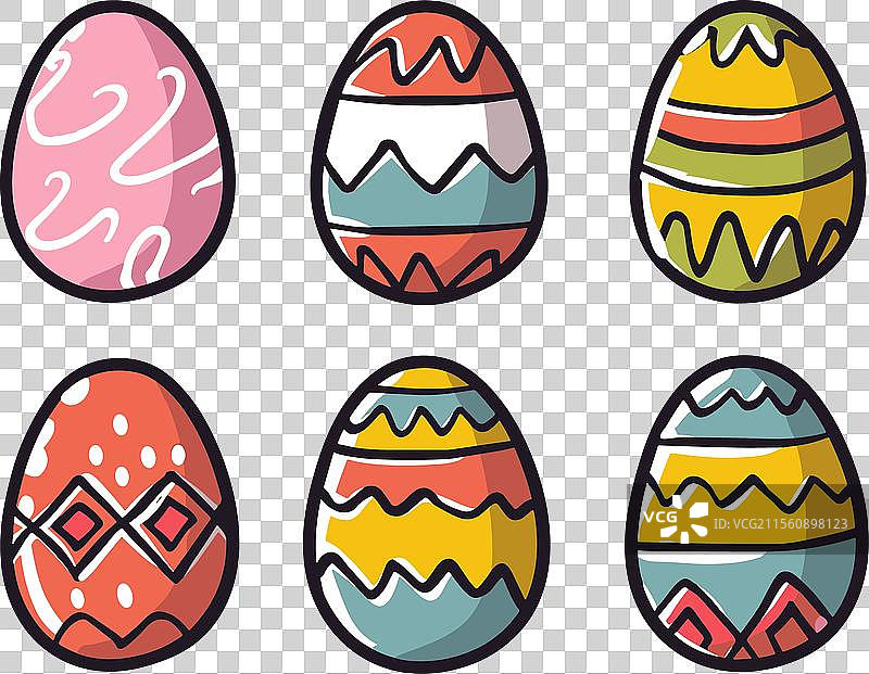 六个装饰精美的复活节彩蛋，色彩斑斓的图案图片素材