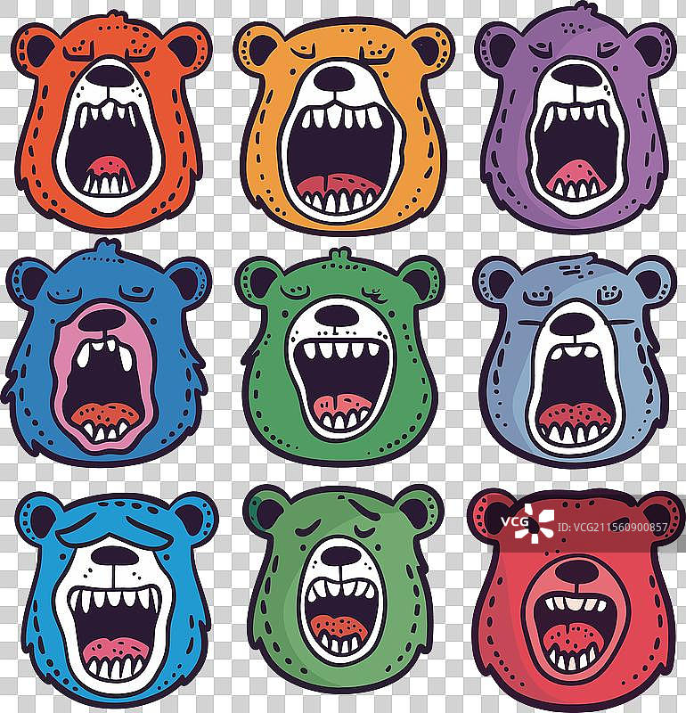 九个卡通熊脸在吼叫，色彩缤纷的卡通风格图片素材