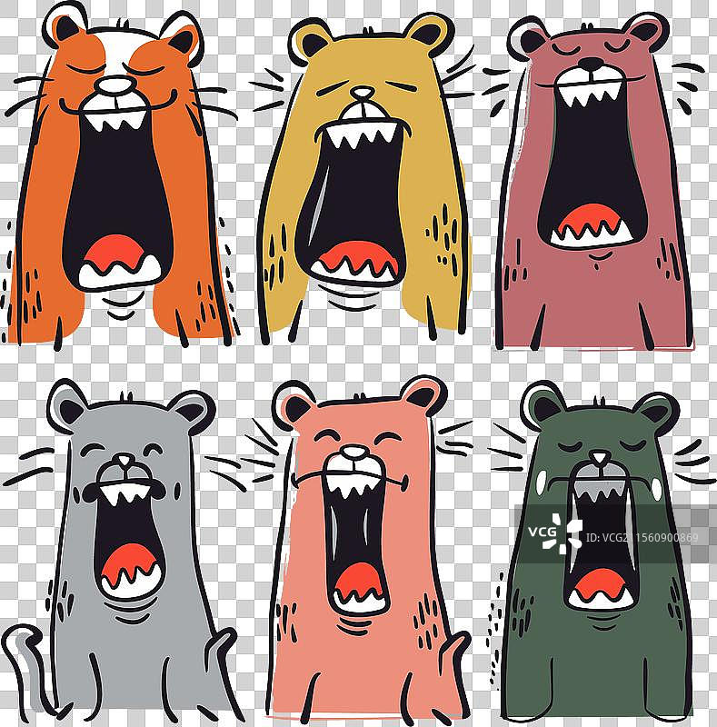 六只卡通熊打哈欠，张嘴闭眼。图片素材