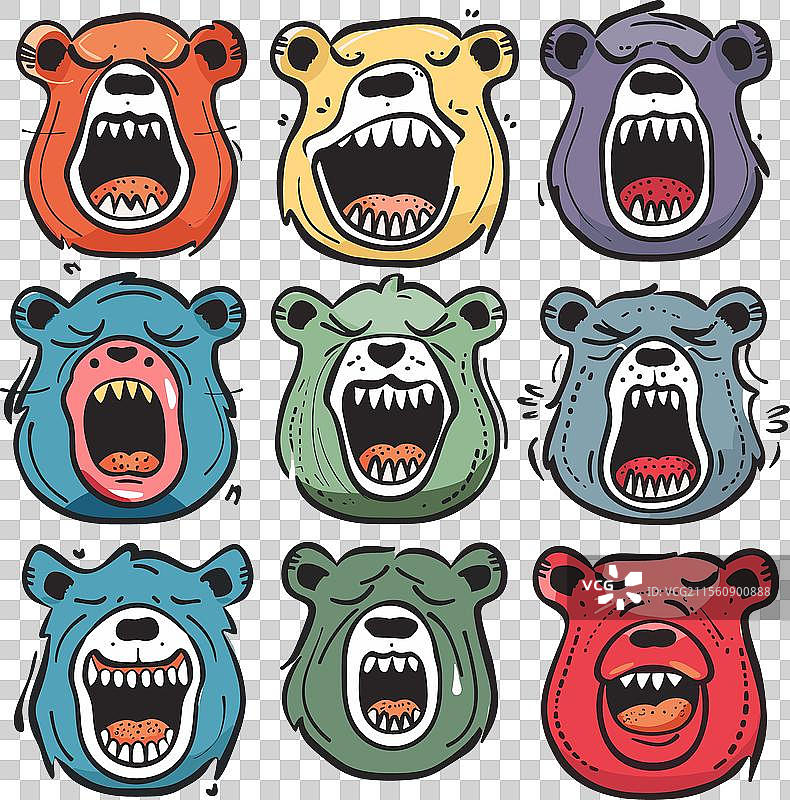 九个卡通熊脸表达不同情感图片素材