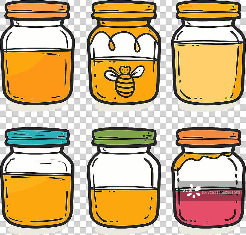 六个不同颜色盖子的卡通风格蜂蜜罐图片素材