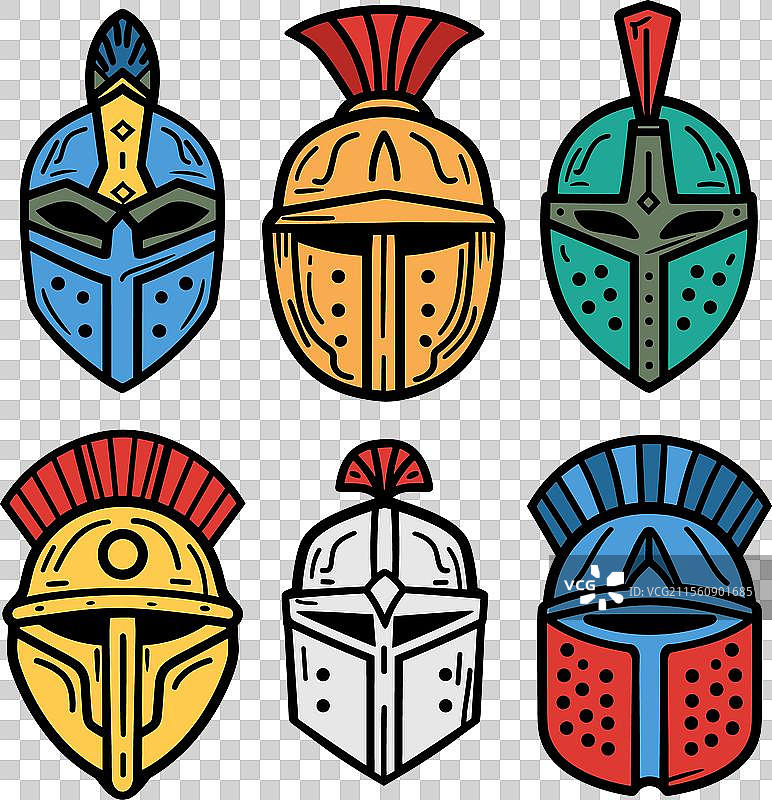 六种不同的中世纪骑士头盔图片素材