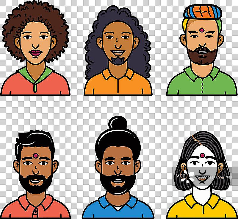 六个不同种族的卡通角色半身像图片素材