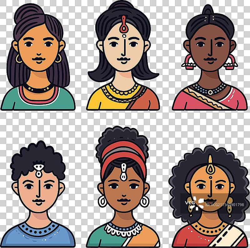 六位多元化的印度女性肖像，色彩丰富图片素材