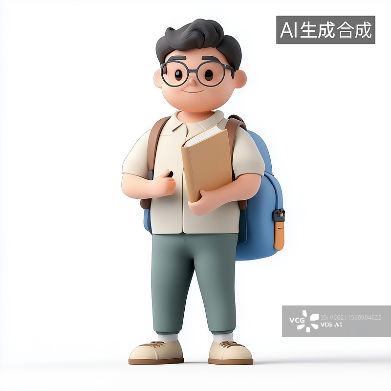 【AI数字艺术】3d学生背书包持书图图片素材
