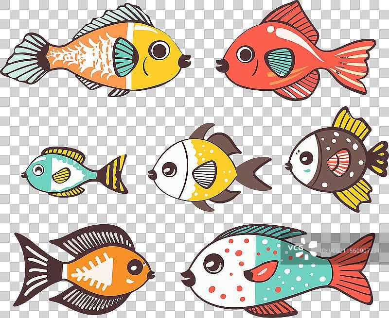 色彩斑斓的卡通鱼，背景为白色图片素材