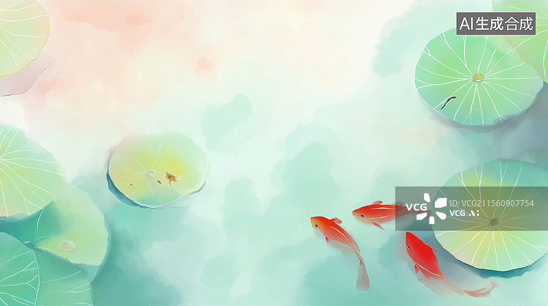 【AI数字艺术】池塘中的金鱼与荷叶图片素材