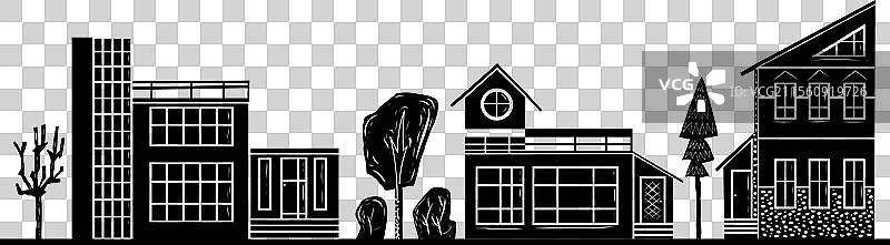 手工雕刻的家居与树木的版画图片素材