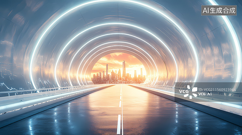 【AI数字艺术】未来城市隧道夕阳美景图片素材