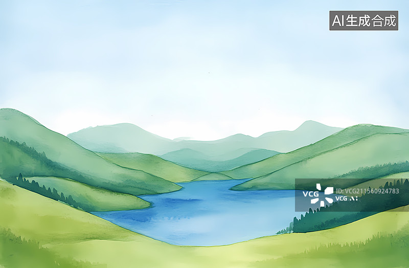【AI数字艺术】宁静的山湖风光图片素材