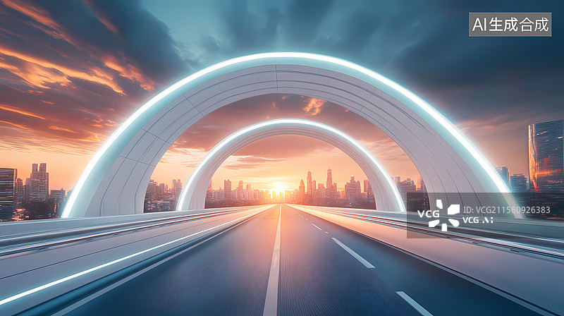 【AI数字艺术】未来城市隧道夕阳美景图片素材