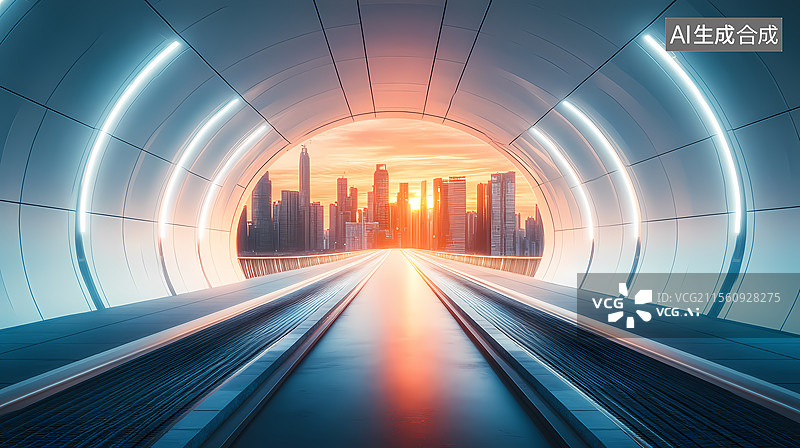 【AI数字艺术】未来城市隧道夕阳美景图片素材