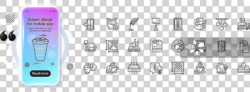 包装尺寸、打开的门和枕头的线条图标图片素材