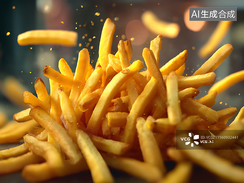 【AI数字艺术】黑色背景下桌上炸薯条的特写镜头图片素材