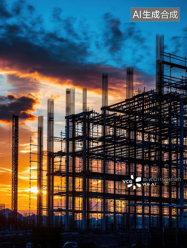 【AI数字艺术】日落时分的建筑工地图片素材