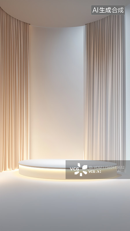【AI数字艺术】电商产品展台3D渲染写实室内衣帽间试衣间直播间双十一双十二618大促销柔和灯光浅米色灰白色调暖色系图片素材