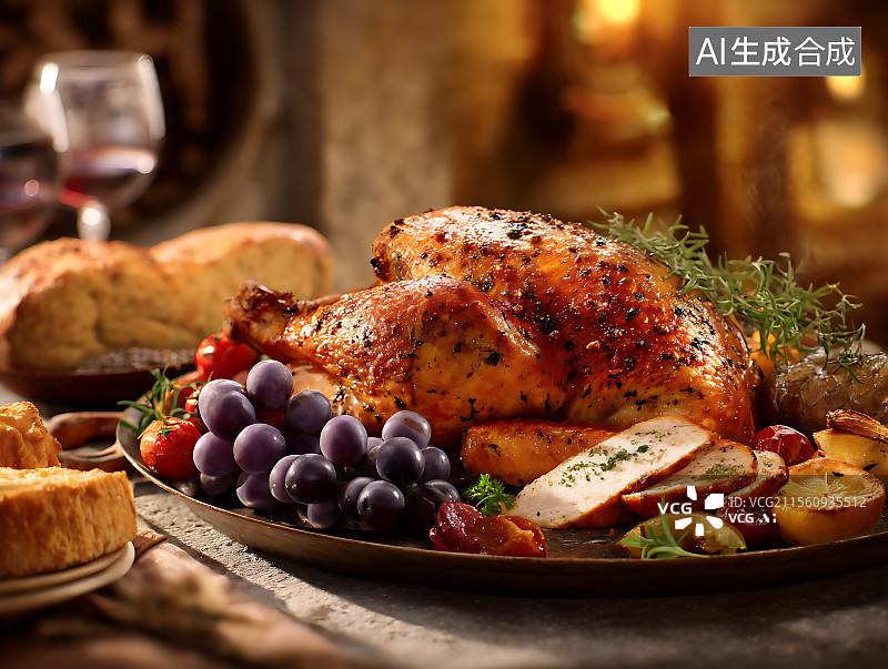 【AI数字艺术】桌上盘子里烤火鸡烤鸡的特写镜头图片素材