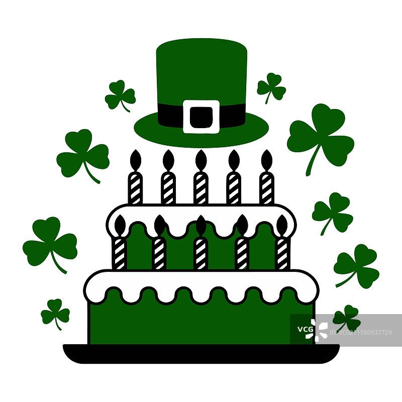 圣帕特里克节蛋糕，上面装饰着三叶草和帽子图片素材