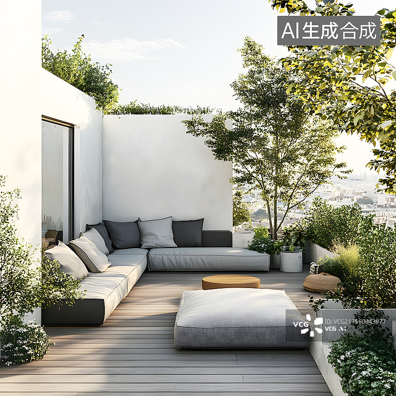 【AI数字艺术】AIGC：假日别墅室外露台沙发休闲区 样板间图片素材