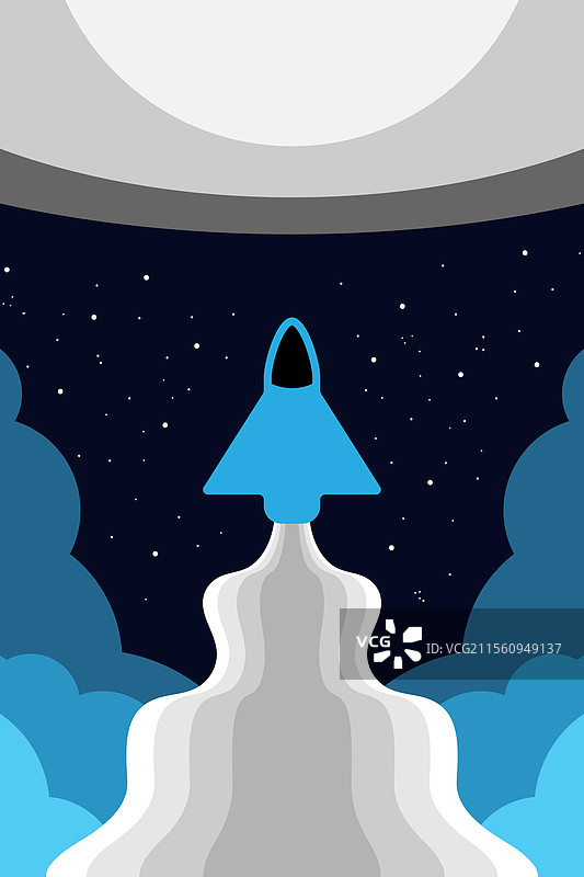 夜间火箭发射的扁平设计图片素材