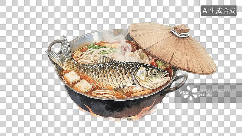 【AI数字艺术】黑龙江美食得莫利炖鱼插画水彩手绘质感美食中国传统地方特色美食免抠元素蒸汽缭绕的铁锅鲤鱼豆腐和粉条图片素材