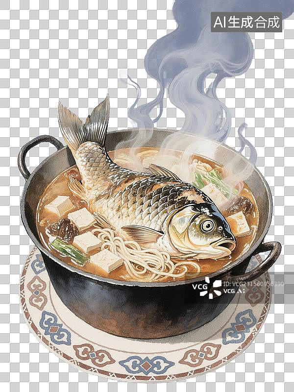 【AI数字艺术】黑龙江美食得莫利炖鱼插画水彩手绘质感美食中国传统地方特色美食免抠元素蒸汽缭绕的铁锅鲤鱼豆腐和粉条图片素材