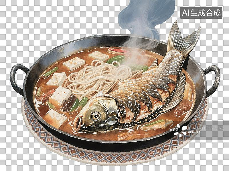 【AI数字艺术】黑龙江美食得莫利炖鱼插画水彩手绘质感美食中国传统地方特色美食免抠元素蒸汽缭绕的铁锅鲤鱼豆腐和粉条图片素材