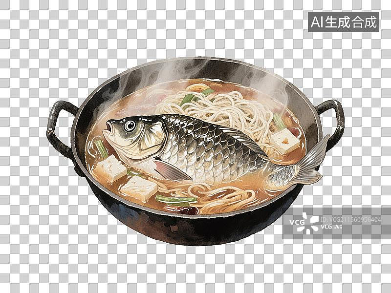 【AI数字艺术】黑龙江美食得莫利炖鱼插画水彩手绘质感美食中国传统地方特色美食免抠元素蒸汽缭绕的铁锅鲤鱼豆腐和粉条图片素材