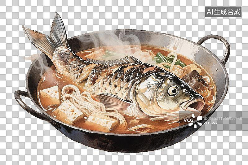 【AI数字艺术】黑龙江美食得莫利炖鱼插画水彩手绘质感美食中国传统地方特色美食免抠元素蒸汽缭绕的铁锅鲤鱼豆腐和粉条图片素材