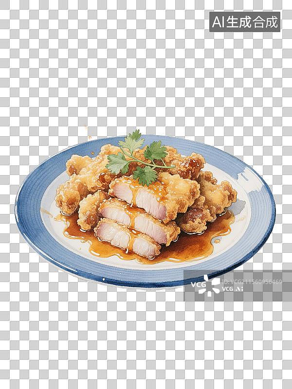 【AI数字艺术】黑龙江标志性美食锅包肉水彩插画中国传统地方特色美食免抠元素酥脆糖醋猪肉佳肴金黄外壳里脊片摆放在蓝边瓷图片素材