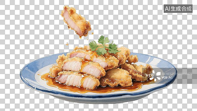 【AI数字艺术】黑龙江标志性美食锅包肉水彩插画中国传统地方特色美食免抠元素酥脆糖醋猪肉佳肴金黄外壳里脊片摆放在蓝边瓷图片素材