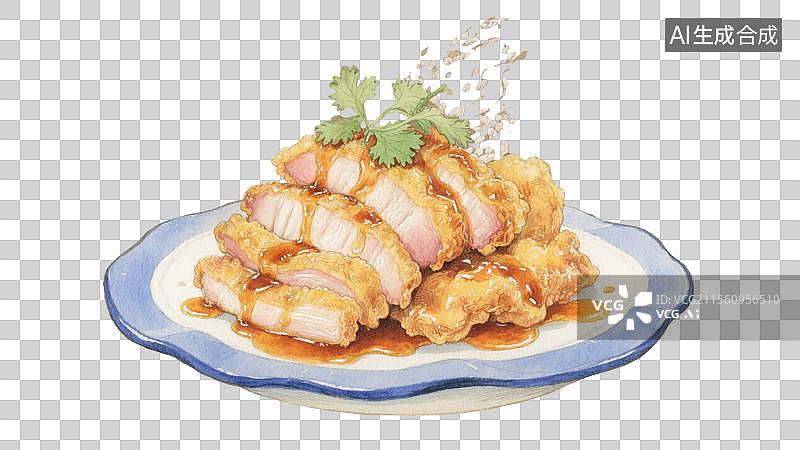 【AI数字艺术】黑龙江标志性美食锅包肉水彩插画中国传统地方特色美食免抠元素酥脆糖醋猪肉佳肴金黄外壳里脊片摆放在蓝边瓷图片素材