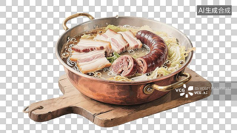 【AI数字艺术】吉林美食白肉血肠插画水彩插画中国传统地方特色美食免抠元素沸腾的酸菜锅紫红色血肠切面图片素材