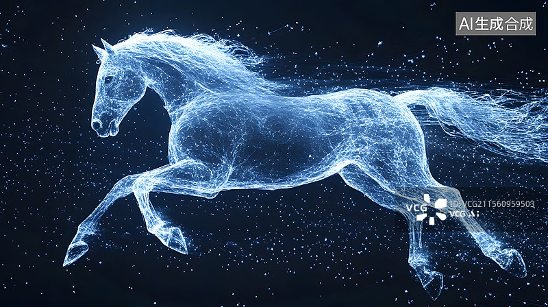 【AI数字艺术】发光粒子透明马在夜空奔跑图片素材