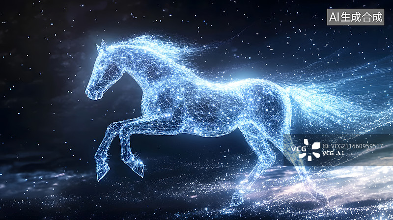 【AI数字艺术】发光粒子透明马在夜空奔跑图片素材