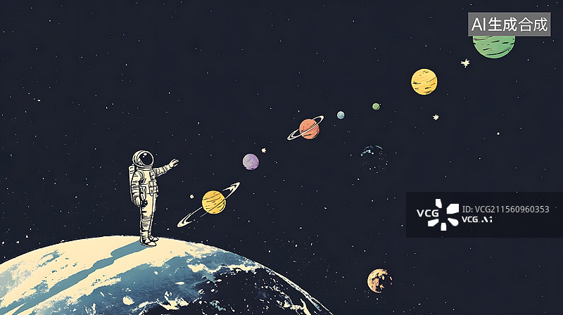 【AI数字艺术】宇航员登月卡通太空插画图片素材