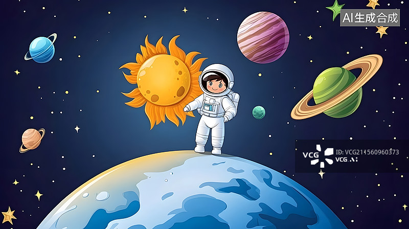 【AI数字艺术】宇航员登月卡通太空插画图片素材