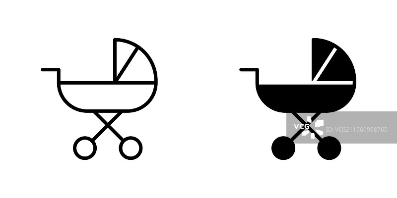 婴儿车图标，线条和黑色实心款式图片素材