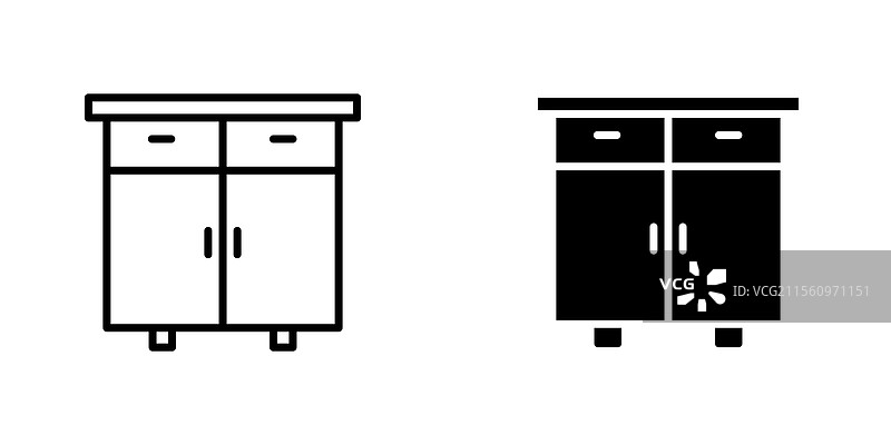橱柜图标的线条图和黑色实心图标图片素材
