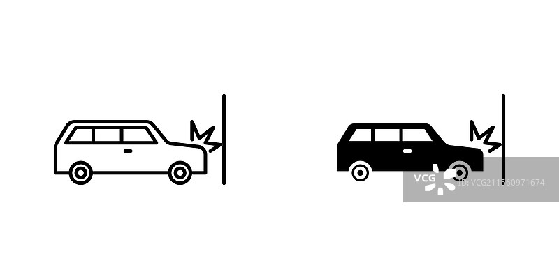 汽车碰撞图标，线条风格和黑色实心图标图片素材