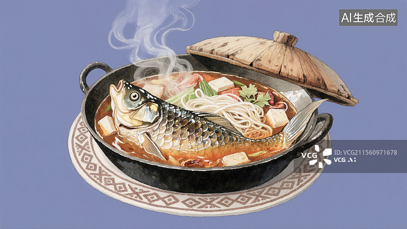 【AI数字艺术】黑龙江美食得莫利炖鱼水彩插画中国传统地方特色美食铁锅炖煮鲤鱼、豆腐和粉条图片素材