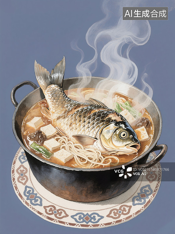 【AI数字艺术】黑龙江美食得莫利炖鱼水彩插画中国传统地方特色美食铁锅炖煮鲤鱼、豆腐和粉条图片素材