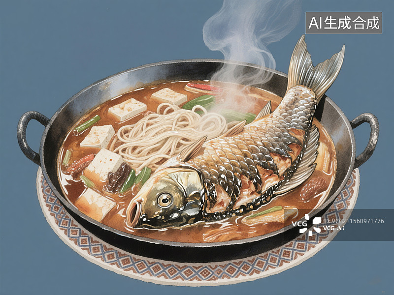【AI数字艺术】黑龙江美食得莫利炖鱼水彩插画中国传统地方特色美食铁锅炖煮鲤鱼、豆腐和粉条图片素材